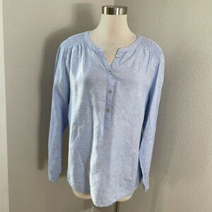 Sigrid Olsen Womens XL Blue 100% Linen Blouse Roll Tab Sleeve Button Up Shirt